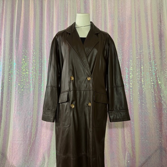 chocolate brown leather full length trench coat - Picture 2 of 8